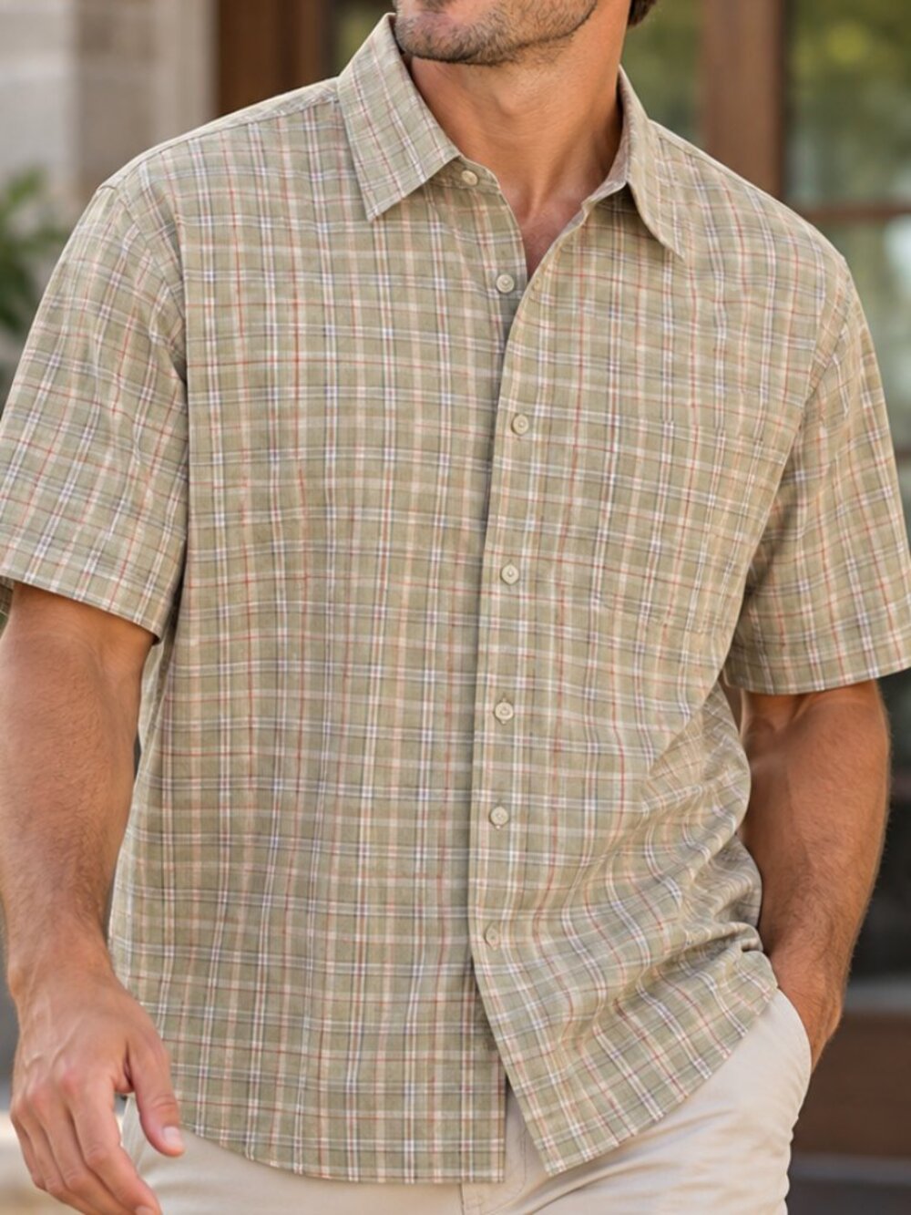 Jos. A. Bank Men's Beige Plaid Short-Sleeve Button-Up Shirt Casual Lightweight L